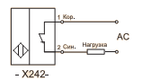 Схема подключения 2-х проводных датчиков, переменный ток, размыкающий (нормально закрытый) контакт