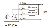 Схема подключения 4-х проводных датчиков, NPN, переключающий ("или") контакт